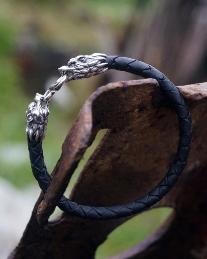 Silver Wolf's Heads Leather Black Braided Bracelet - SokolArmory