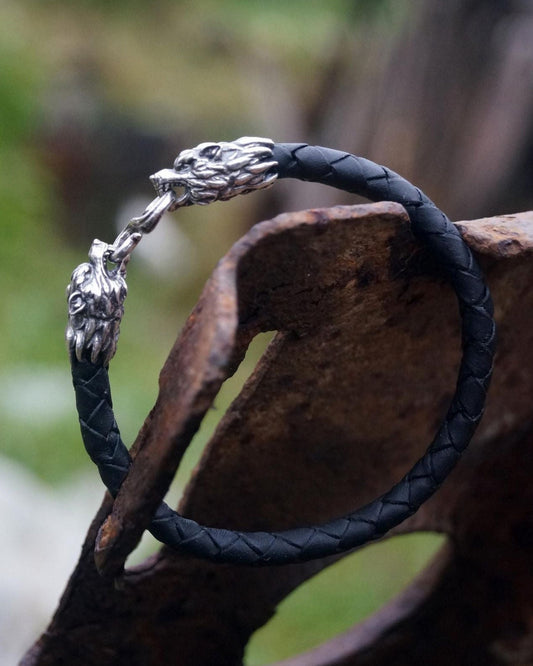 Silver Wolf's Heads Leather Black Braided Bracelet - SokolArmory