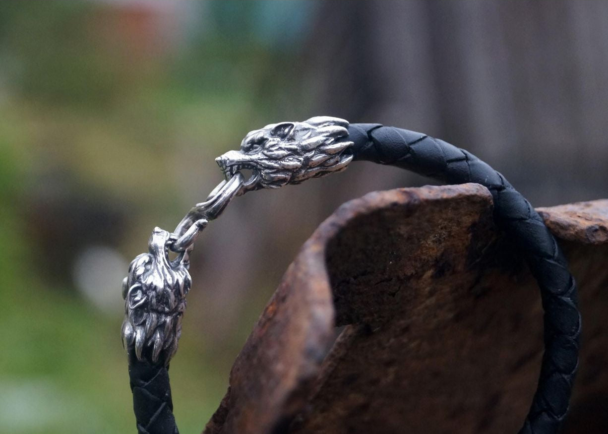 Silver Wolf's Heads Leather Black Braided Bracelet - SokolArmory