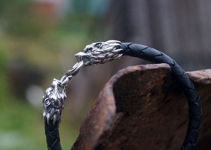 Silver Wolf's Heads Leather Black Braided Bracelet - SokolArmory