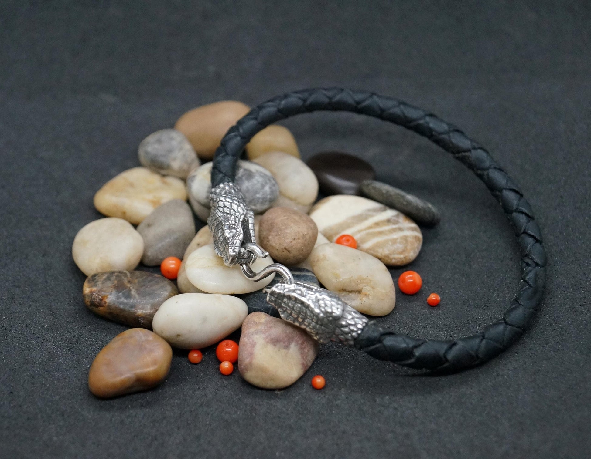 Silver Snake's Heads Leather Black Braided Bracelet - SokolArmory