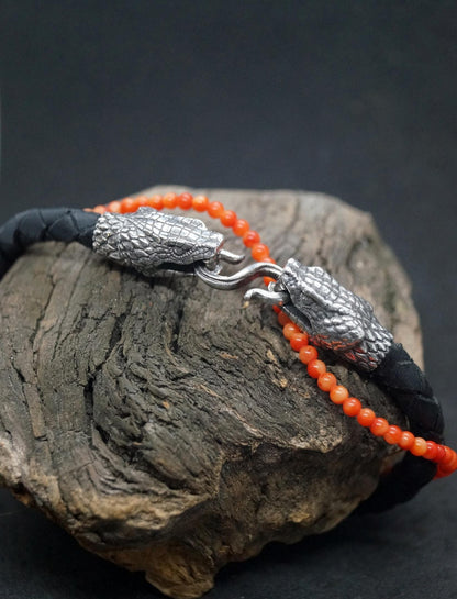 Silver Snake's Heads Leather Black Braided Bracelet - SokolArmory