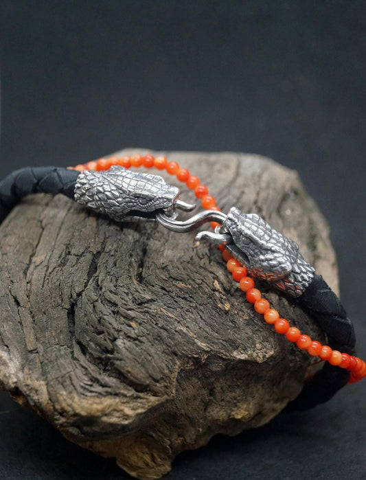 Silver Snake's Heads Leather Black Braided Bracelet - SokolArmory