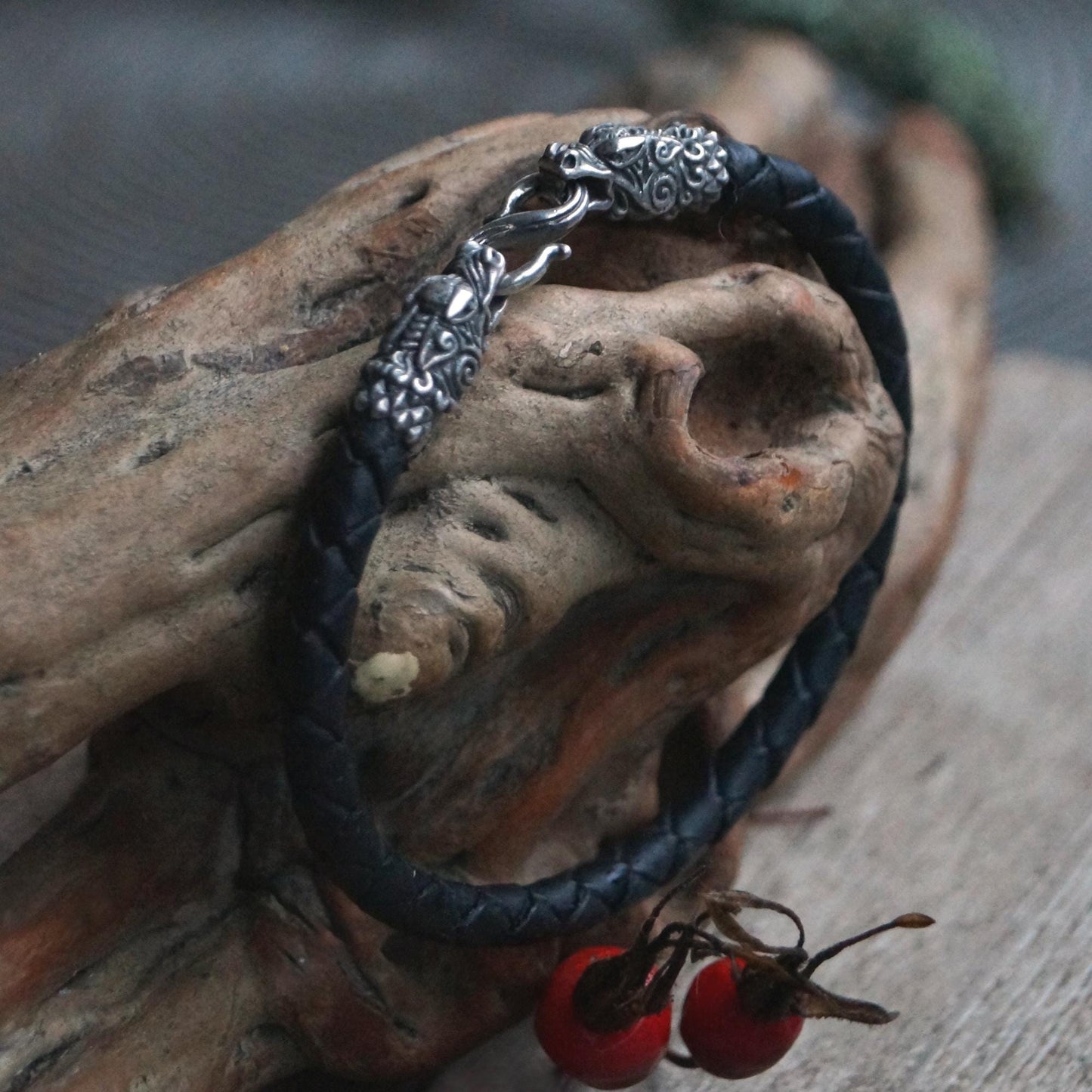 Silver Dragon's Heads Leather Black Braided Bracelet - SokolArmory