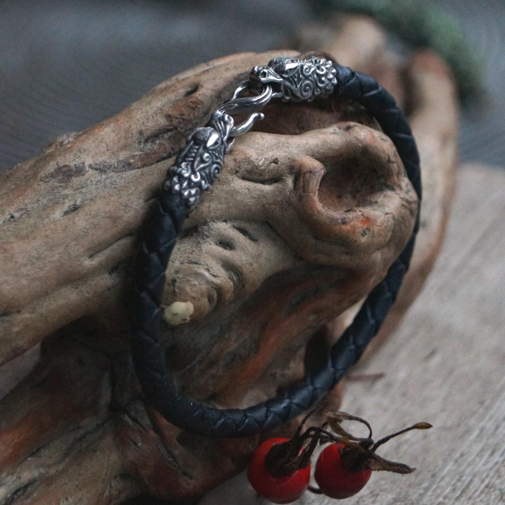 Silver Dragon's Heads Leather Black Braided Bracelet - SokolArmory