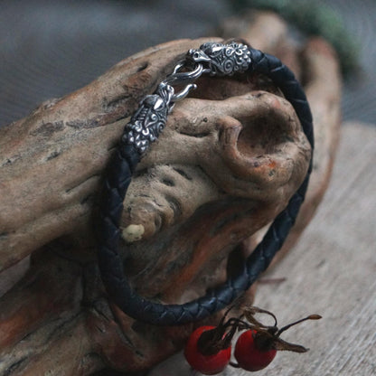Silver Dragon's Heads Leather Black Braided Bracelet - SokolArmory