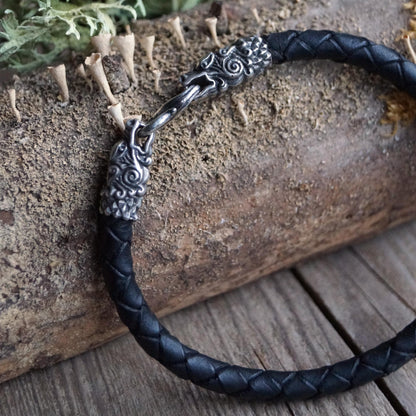 Silver Dragon's Heads Leather Black Braided Bracelet - SokolArmory