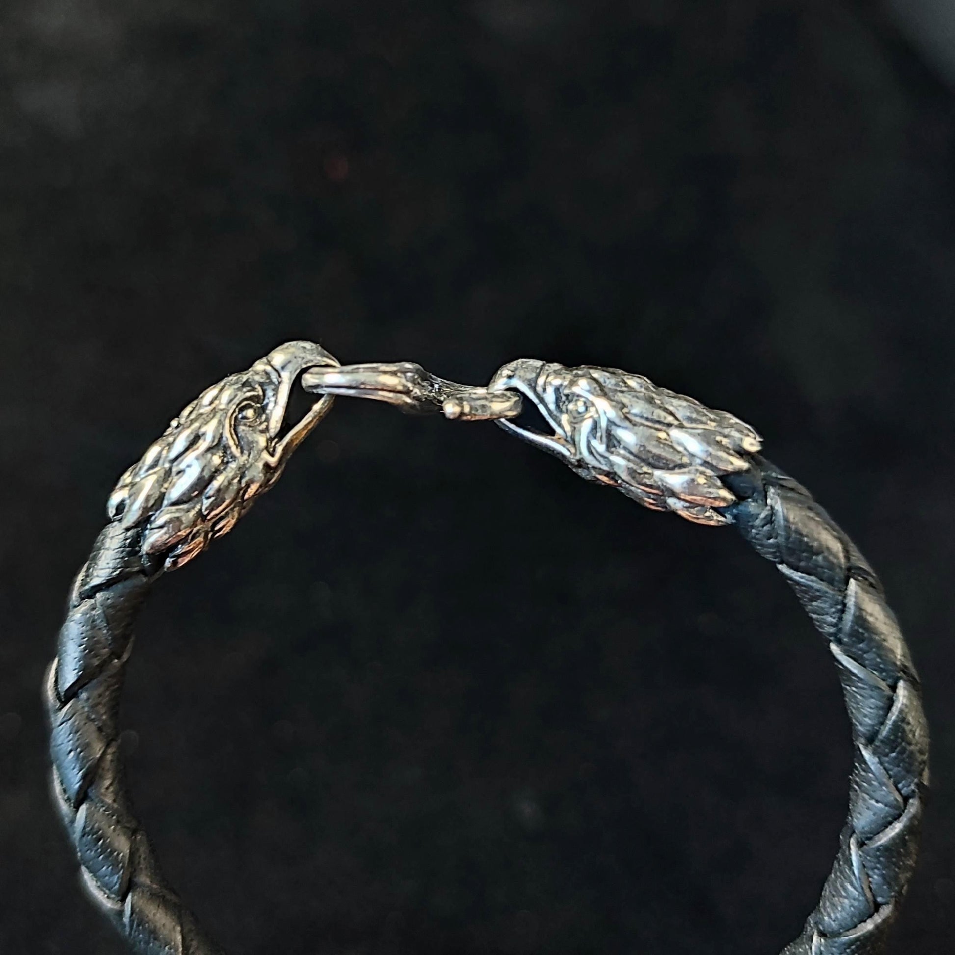 Silver Eagle's Heads Leather Black Braided Bracelet - SokolArmory