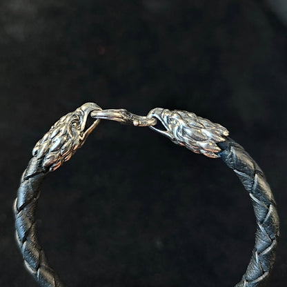Silver Eagle's Heads Leather Black Braided Bracelet - SokolArmory