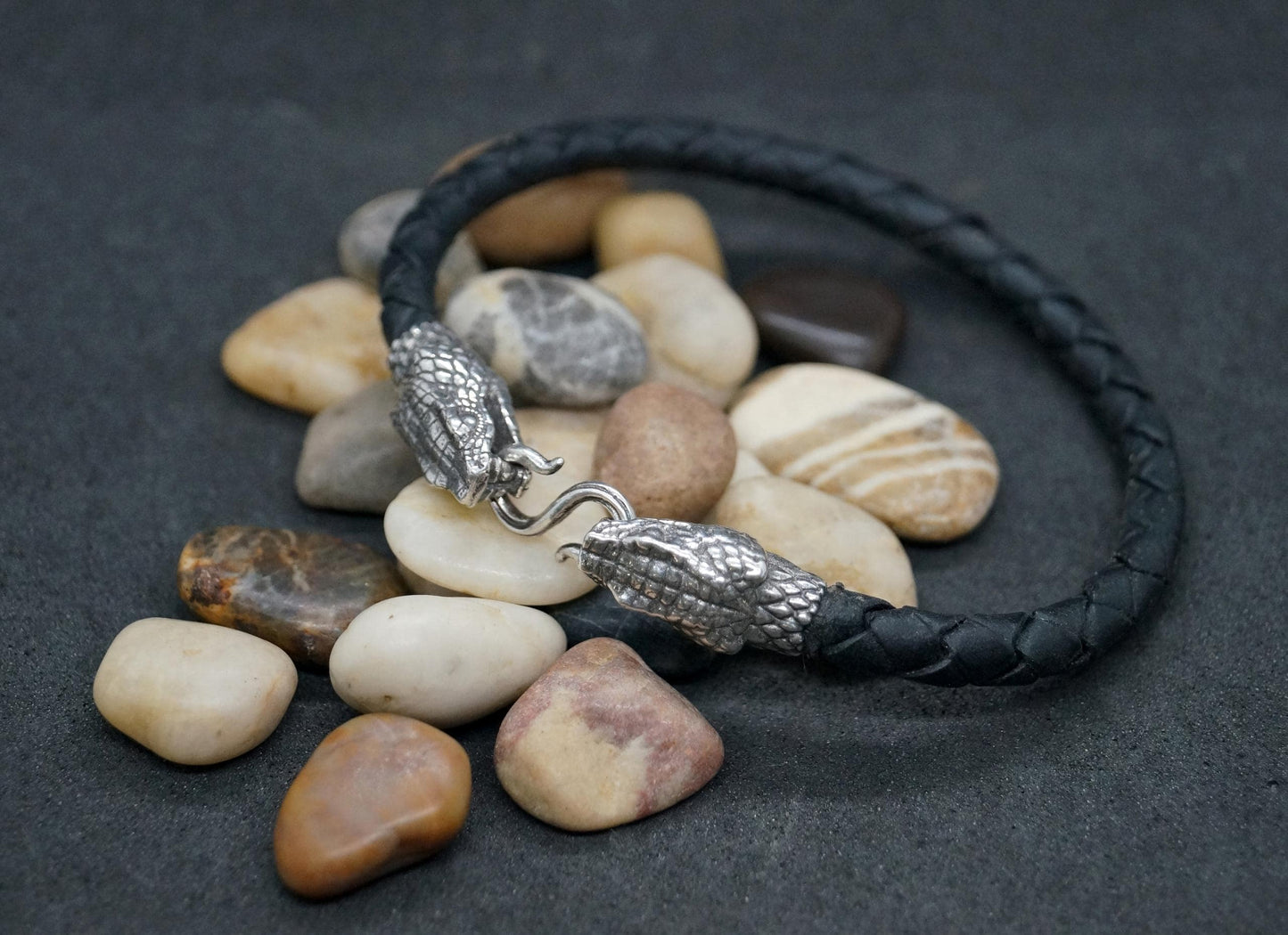 Silver Snake's Heads Leather Black Braided Bracelet - SokolArmory
