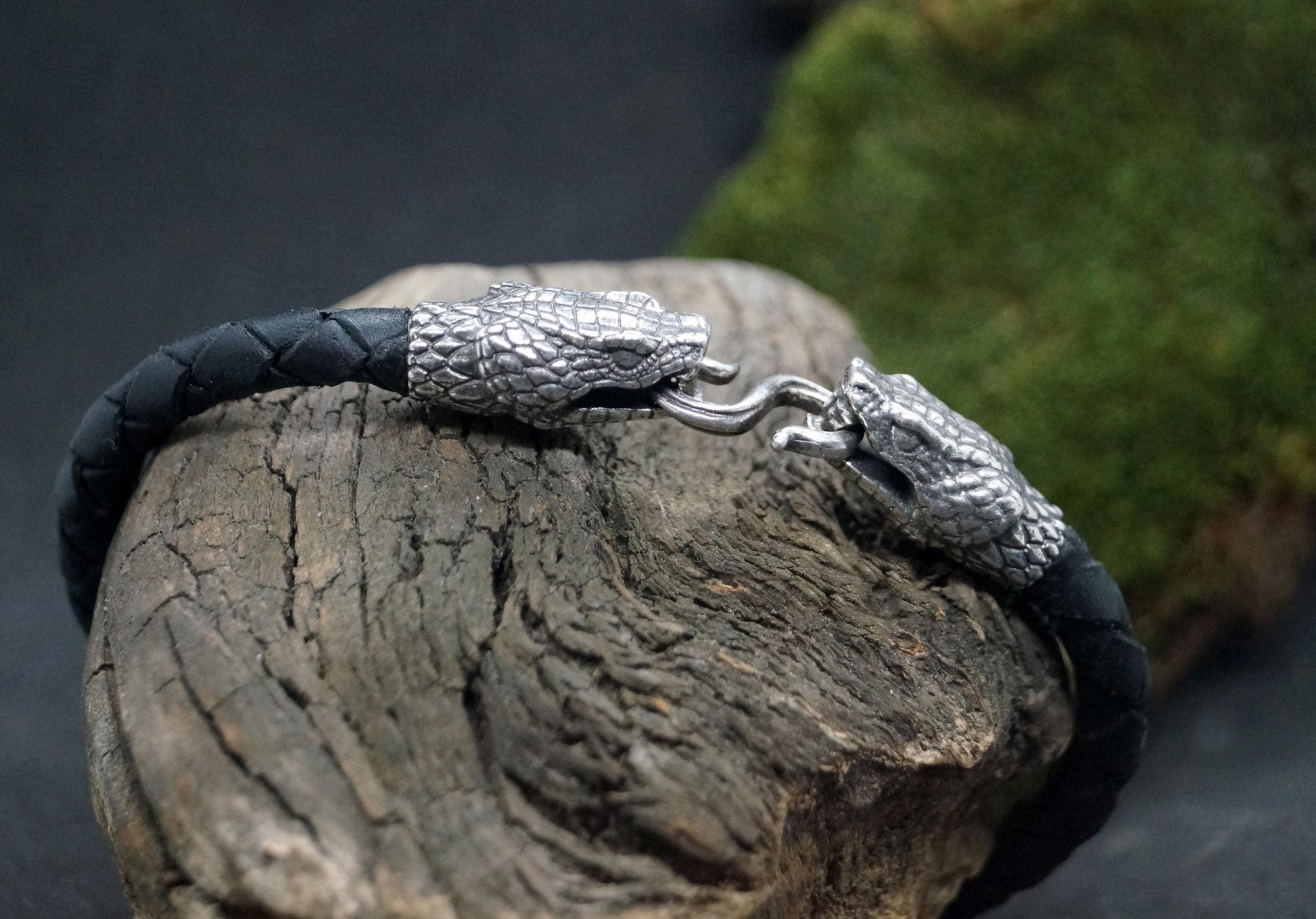 Silver Snake's Heads Leather Black Braided Bracelet - SokolArmory