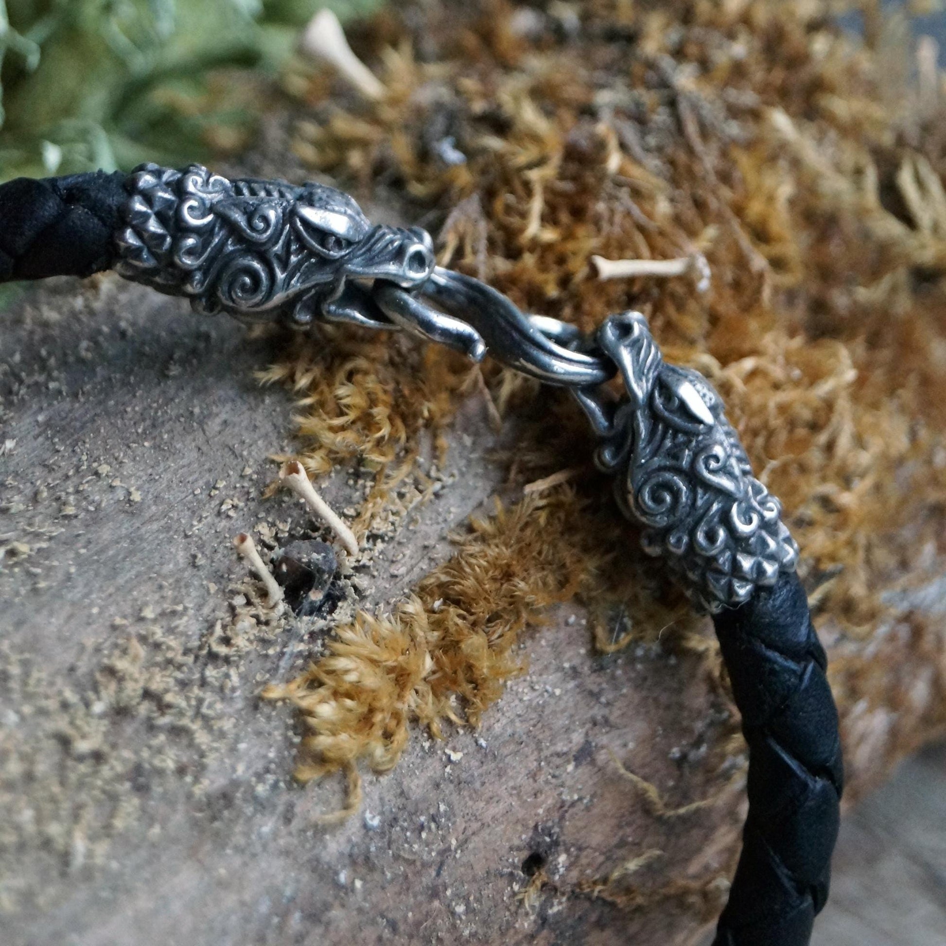 Silver Dragon's Heads Leather Black Braided Bracelet - SokolArmory