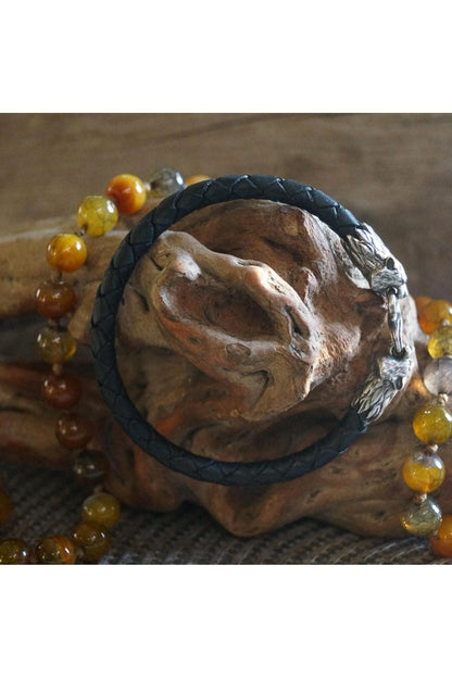Silver Tiger's Heads Leather Black Braided Bracelet - SokolArmory