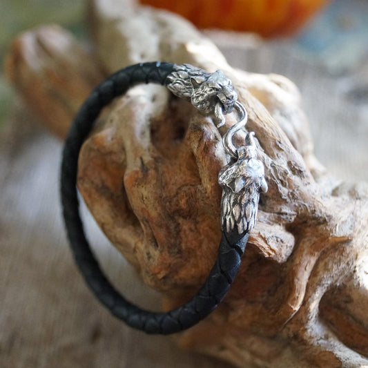 Silver Tiger's Heads Leather Black Braided Bracelet - SokolArmory