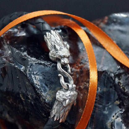 Silver Tiger's Heads Leather Black Braided Bracelet - SokolArmory