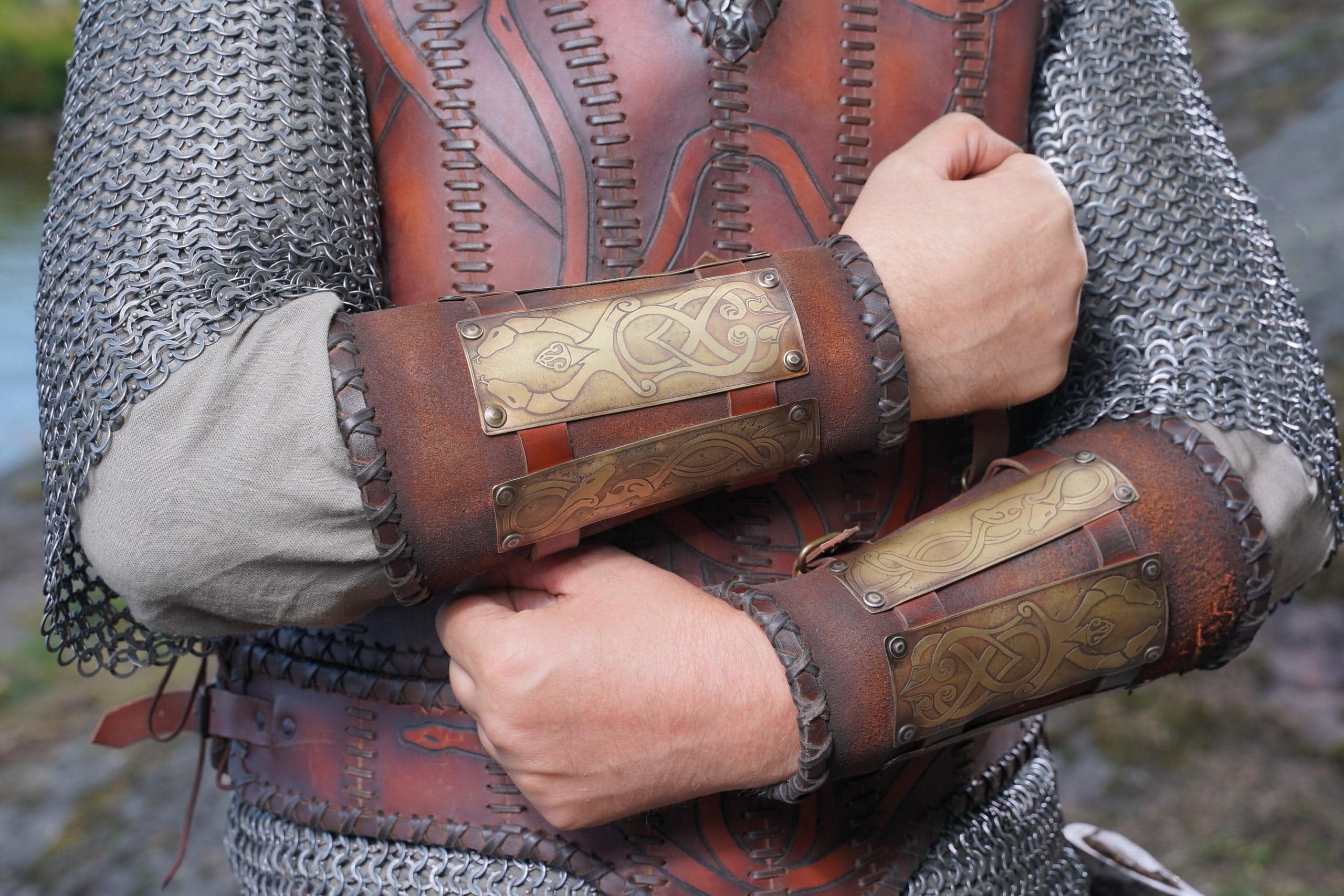 Viking Leather Bracers Embossed Leather. Available in: brown